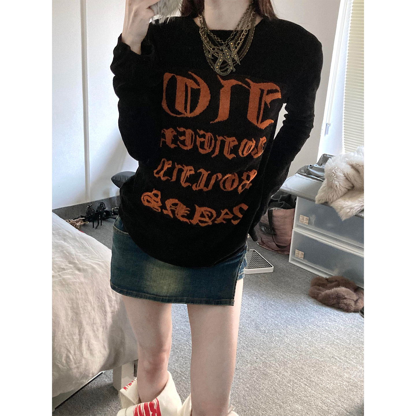 美式复古黑色圆领针织衫女春季哥特提花修身长袖亚文化视觉系上衣,女装/女士精品,毛针织衫,淘宝优惠券,粉丝福利购,淘宝优惠卷