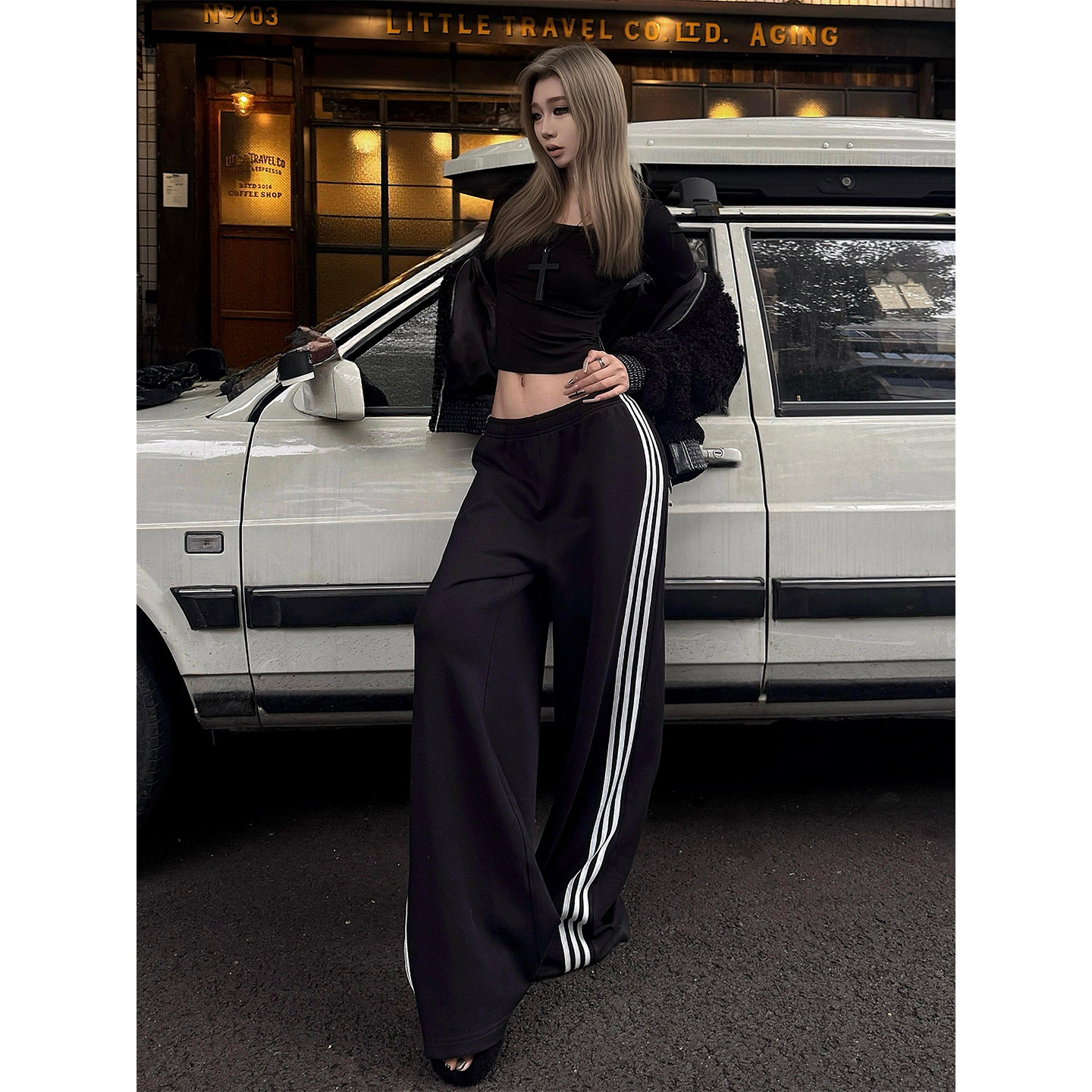 美式黑色低腰卫裤女秋冬侧边三条杠休闲直筒运动裤子辣妹拖地长裤