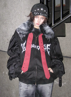 y2k亚文化黑色棉服女冬季毛领拼接刺绣加厚棉衣外套视觉系上衣ins