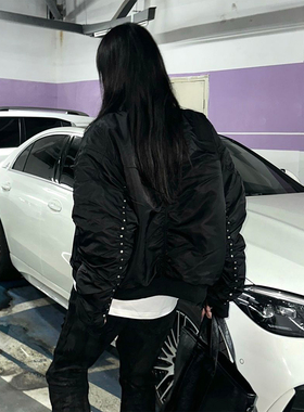 加厚黑色棉服女冬季重工铆钉褶皱cleanfit外套宽松街头风情侣棉衣