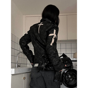 街头风修身外套女冬季十字架宫廷风显瘦皮衣vintage视觉系上衣y2k