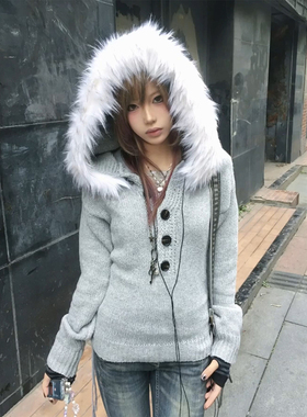 可拆卸毛领连帽毛衣女秋冬亨利领修身灰色针织衫vintage显瘦上衣