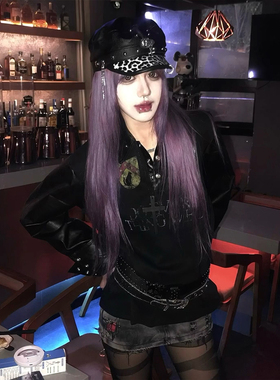 y2k亚文化polo领卫衣女秋冬铆钉印花宽松黑色长袖情侣视觉系上衣