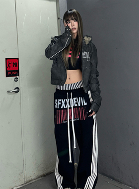 美式街头阔腿裤女秋冬双腰头拼接宽松休闲运动长裤黑色直筒卫裤子