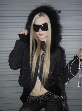 y2k亚文化黑色棉服女冬季加厚毛领连帽收腰短款视觉系派克服外套