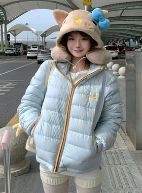 冬季蓝色连帽棉服女休闲格纹拼接宽松棉衣外套保暖加厚上衣高级感