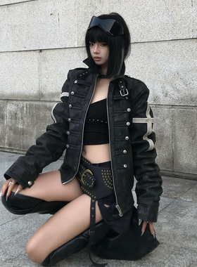 亚文化正肩外套女冬季新款十字架排扣黑色修身夹克朋克视觉系上衣