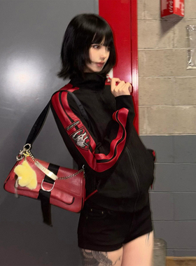 y2k亚文化立领外套女秋冬新款条纹拼接夹克显瘦vintage视觉系上衣