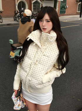 美式复古针织拼接棉服女冬季波点短款面包服加厚保暖外套oversize