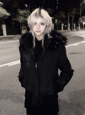 亚文化黑色连帽棉服女冬季可拆卸毛领保暖棉衣vintage视觉系上衣