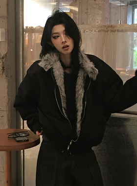 座山雕黑色棉服女冬季宽松哈灵顿毛毛外套情侣重磅棉衣情侣派克服