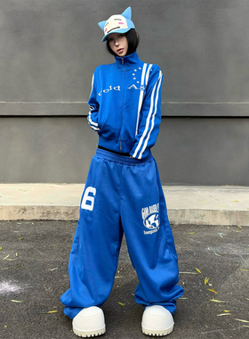 美式复古阔腿裤女秋冬字母印花蓝色直筒长裤vintage运动休闲裤子