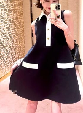 2026夏新款法式小香风翻领拼色单排扣无袖A字连衣裙女POLO领A字裙