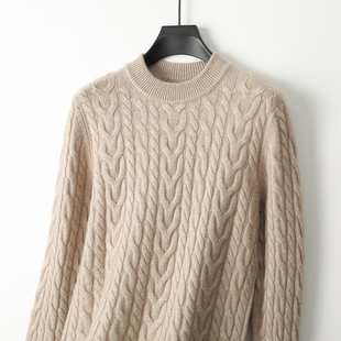 秋冬新款100%纯羊毛衫男士半高领加厚扭花针织毛衣宽松羊毛打底衫