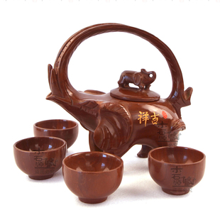 吉祥如意正品纯手工大象提梁茶壶套装木鱼石茶具保健中式茶具礼盒