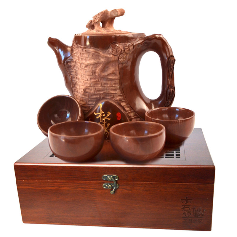 天然木鱼石功夫茶具中式茶具古松造型茶壶仿古茶具礼品纯手工整套