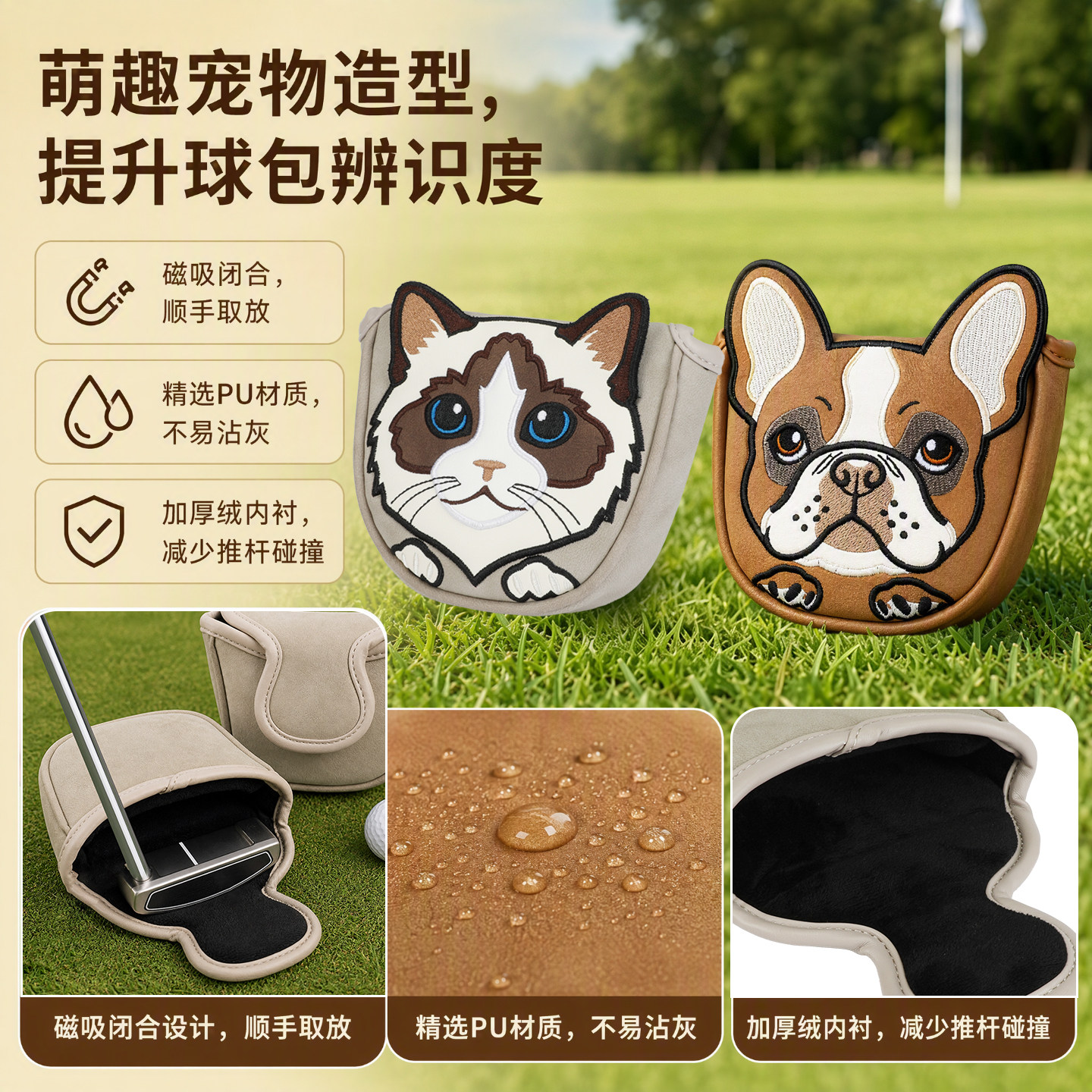 高尔夫球杆套杆头套卡通布偶猫法斗犬个性动物刺绣 高尔夫推杆套