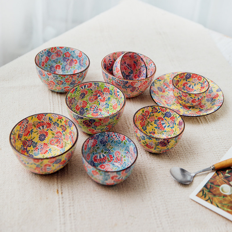 京雅陶瓷姜妍同款碗手绘红蓝花