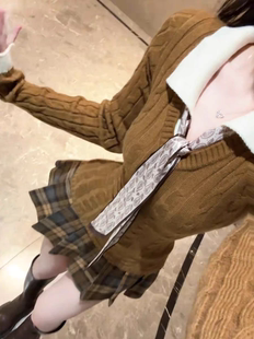 韩系女秋冬高级感麻花针织假两件毛衣叠穿格裙学院风百搭修身 穿搭