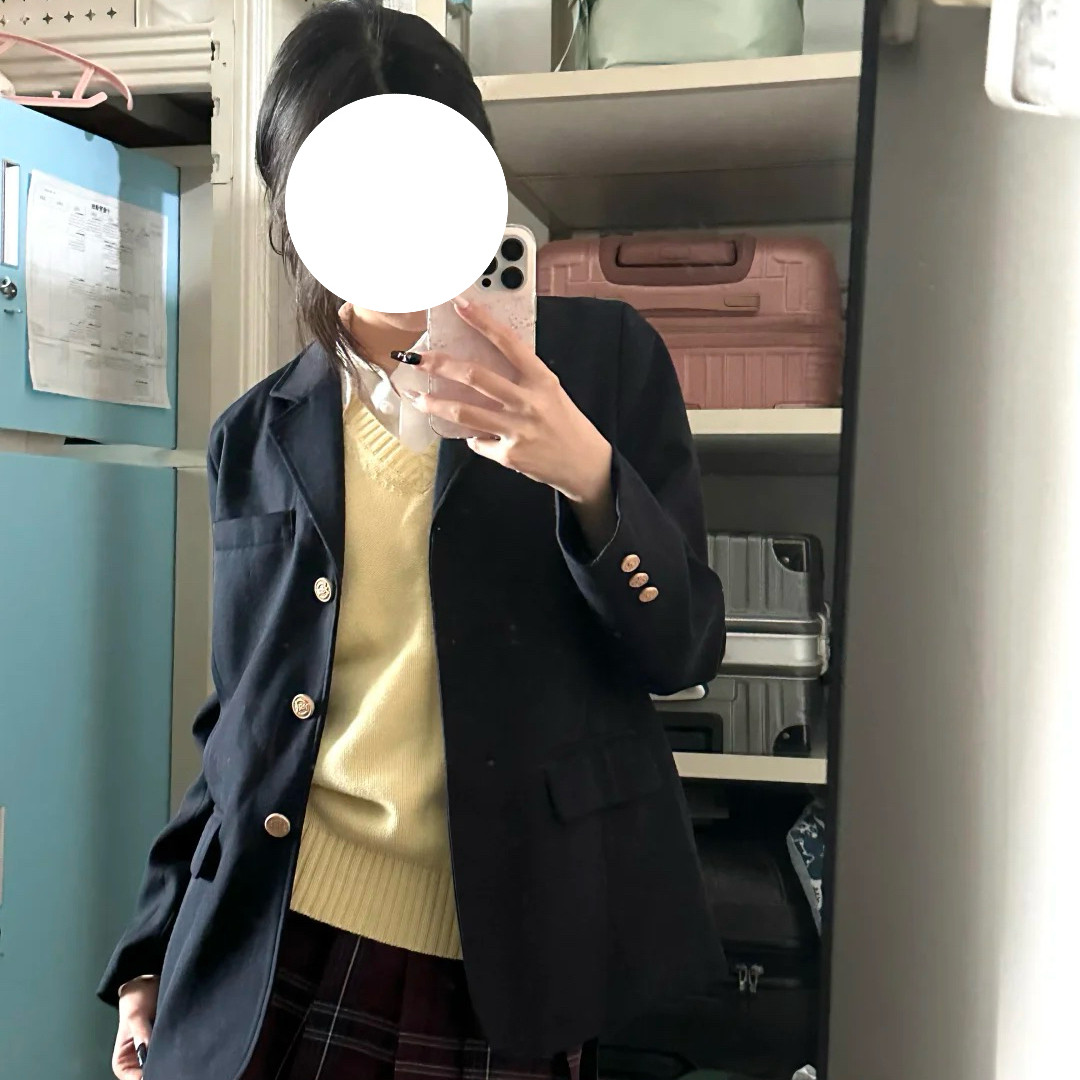 学院风JK制服女绀色三扣西装外套百搭叠穿玄格裙校供感秋冬套装