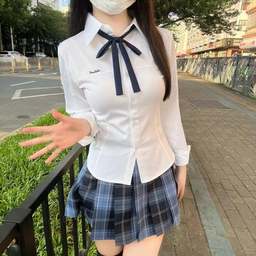 原创日系学院风JK制服收腰显瘦修身百搭衬衫女刺绣上衣格裙子套装