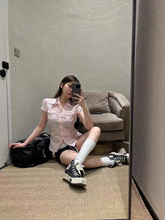 新款韩系掐腰修身显瘦短袖口袋衬衣收腰甜辣气质衬衫上衣女夏季