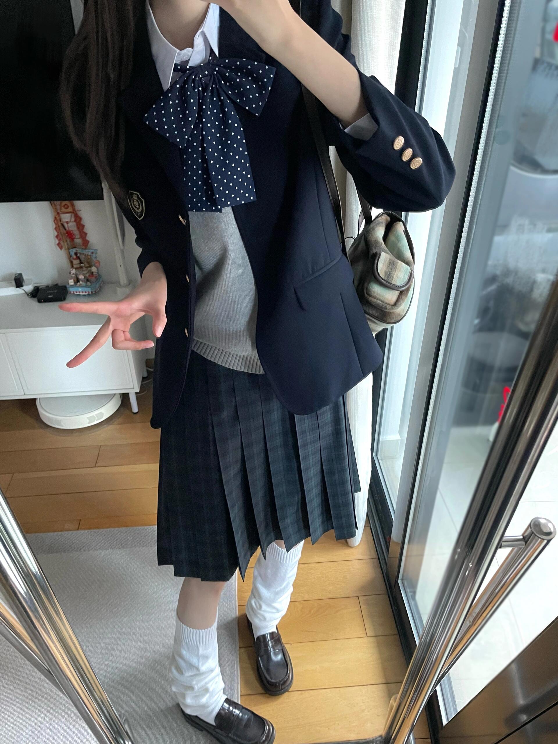 一整套装日系jk制服秋冬学院绀色西装外套校供感针织背心毛衣叠穿