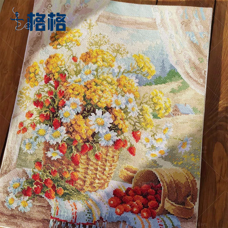 十格格法国DMC十字绣套件 挂画 客厅 餐厅 新品 印花 雏菊水果篮
