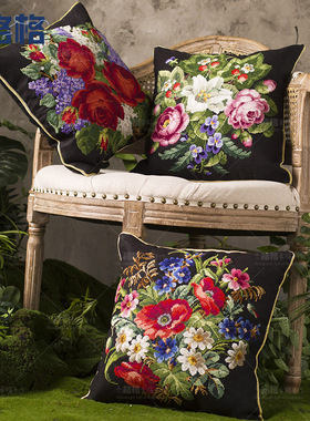 法国DMC十字绣套件 靠垫 客厅 卧室 送礼 繁花似锦 黑色抱枕 3选1