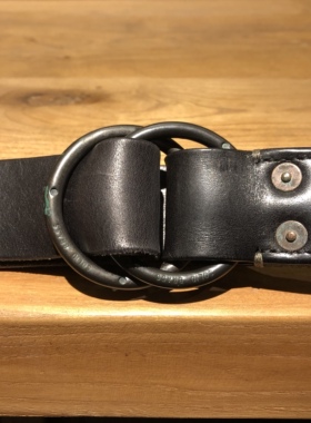 美式复古阿美咔叽双环黑色真皮腰带意大利植鞣