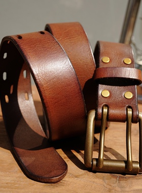 复古双针皮带意大利牛皮美式复古阿妹卡机腰带牛仔裤