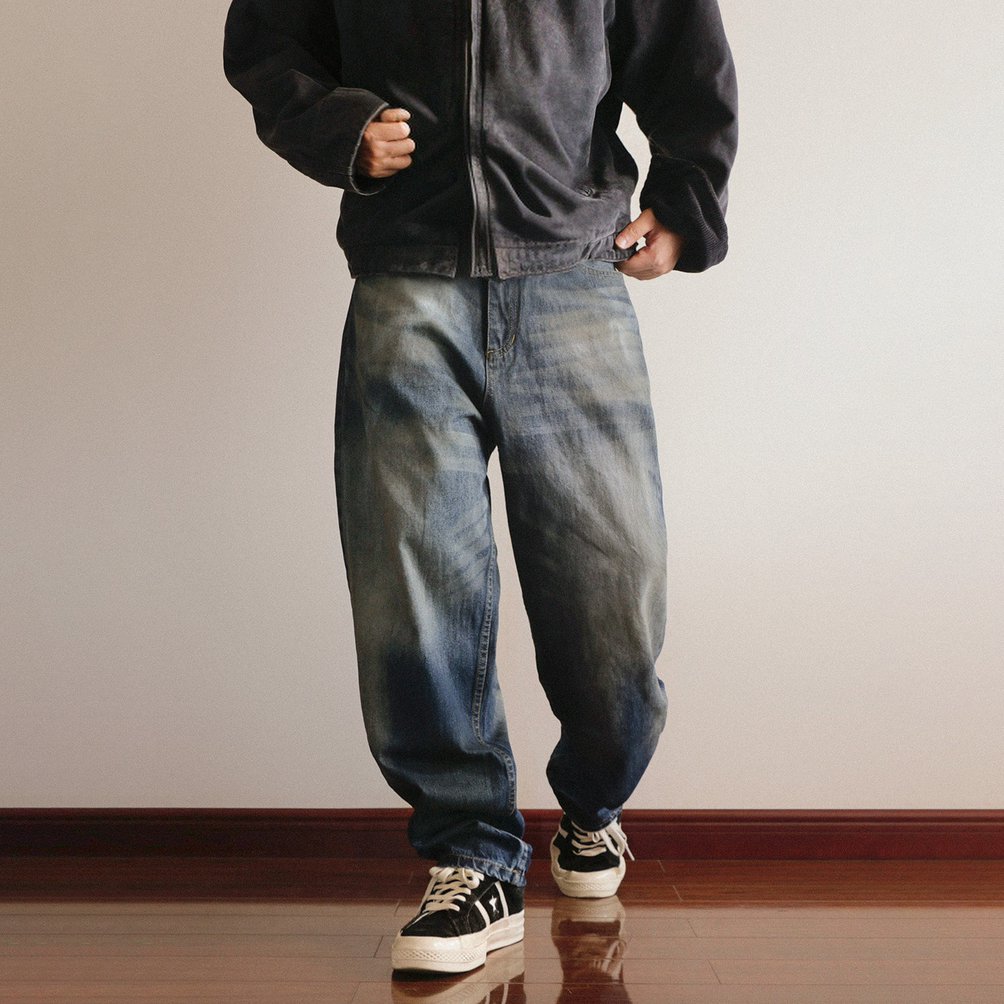 美式复古做旧水洗阔腿牛仔裤