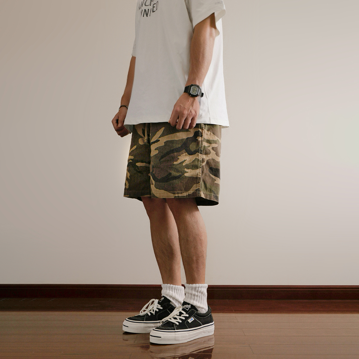 美式复古camo潮流街头做旧迷彩夏季男士高密斜纹宽松阔腿工装短裤