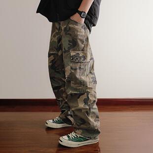 美式 补丁做旧磨边多口袋痞帅宽松直筒迷彩工装 裤 复古vibe重工个性