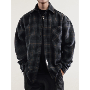 复古潮流痞帅暗纹宽松工装 衬衫 外套 秋冬磨毛重磅加厚格子长袖 美式