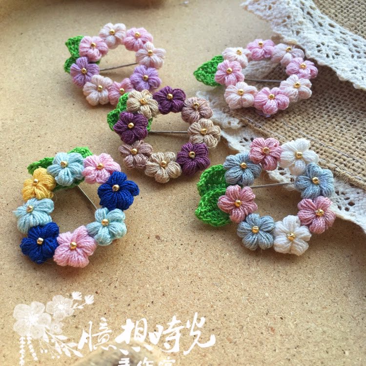 微小泡芙钩针花朵花环胸针 独特毛线日系个性饰品胸花 成品