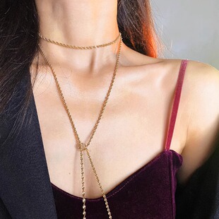 轻奢蛇骨扭麻花项链加长百搭毛衣链金色打结单链小众高级感颈链潮