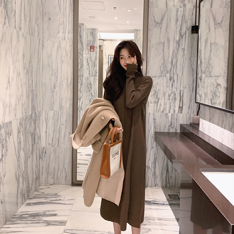 修身针织连衣裙女秋冬2020新款遮肚子显瘦长款裙子打底裙时尚减龄