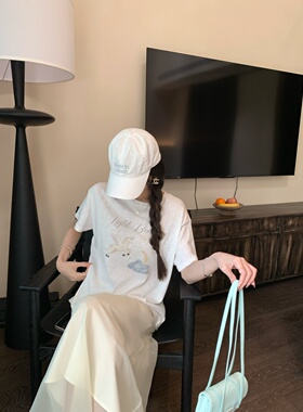 果果家 白色圆领印花短袖t恤女夏季新款宽松显瘦百搭休闲体恤上衣