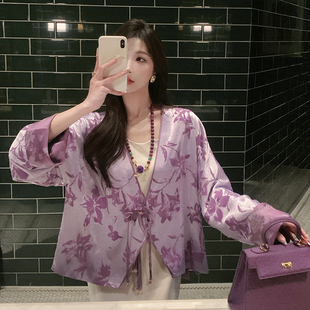 上衣 春夏高级感紫色显白印花外套女小众时尚 紫幽兰新中式 果果家