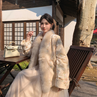 果果家 鹅绒/新中式国风羽绒服外套女新款宽松刺绣提花上衣