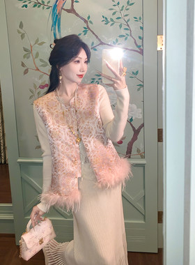 果果家 现货秒发/新中式国风马甲女新款设计感无袖毛毛马夹上衣