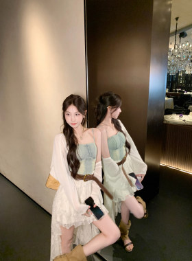 果果家 现货秒发/气质蕾丝拼接前短后长牛仔连衣裙女吊带中长裙