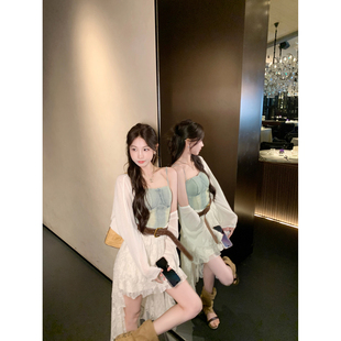 果果家 现货秒发/气质蕾丝拼接前短后长牛仔连衣裙女吊带中长裙