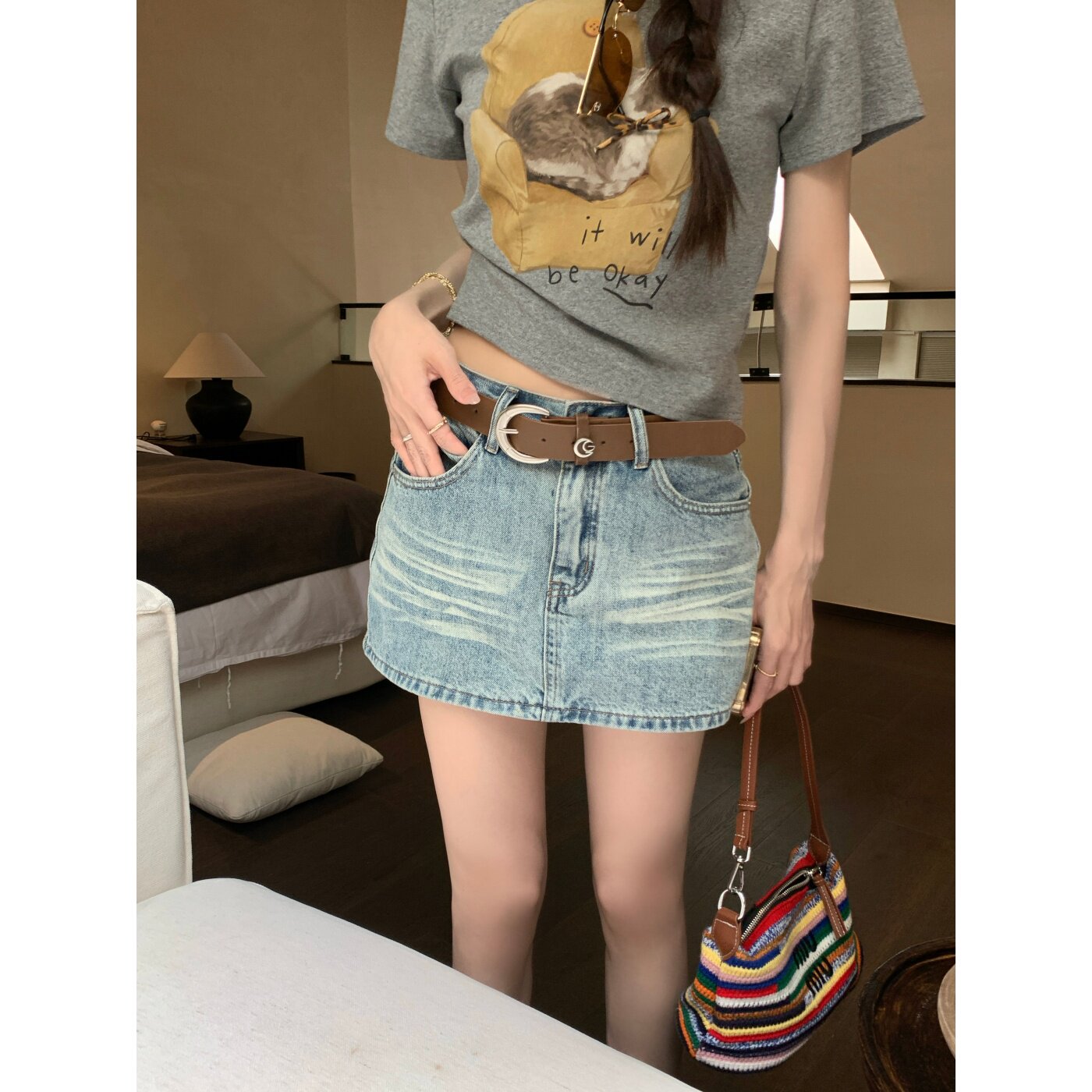果果家 现货秒发/牛仔半身裙女复古做旧短裙百搭显瘦辣妹包臀裙子