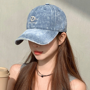 美式复古棒球帽女字母刺绣水洗牛仔做旧鸭舌帽宽大帽檐显脸小帽子