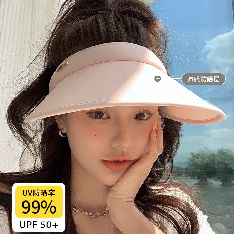 防晒帽女夏季新款防紫外线冰丝粉色太阳帽子发箍大帽檐空顶遮阳帽