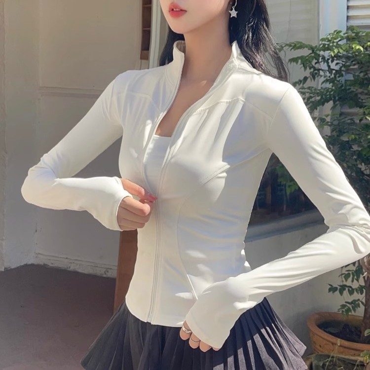 运动开衫外套女弹力紧身瑜伽服长袖拇指扣设计户外健身跑步普拉提