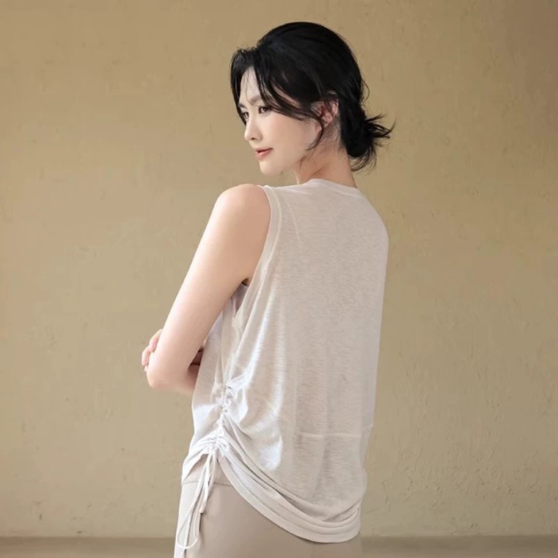 瑜伽服罩衫女2026夏季薄款无袖T恤上衣抽绳运动速干普拉提健身服