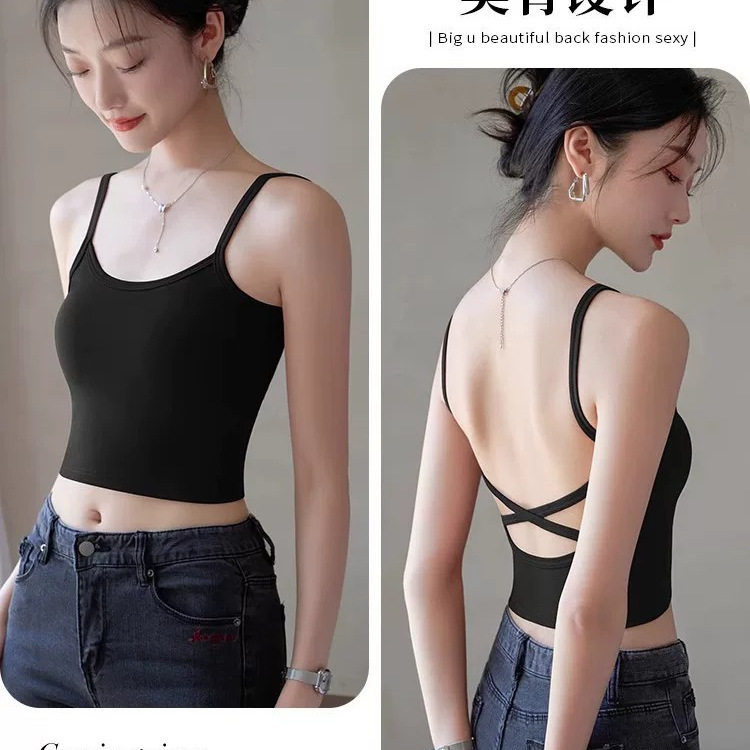 夏季新款无胸垫吊带背心黑色内搭打底外穿遮副乳方领上衣宽肩背心